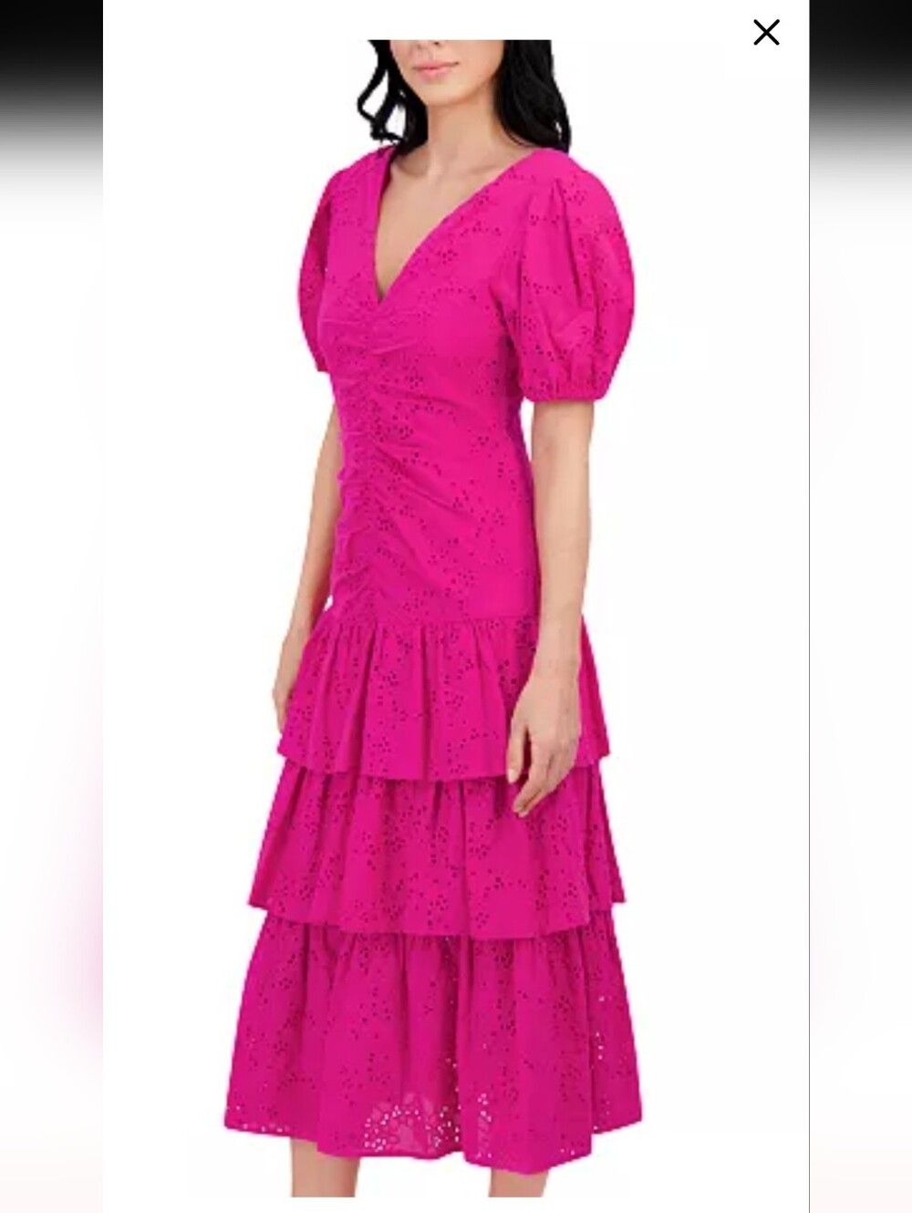 Kensie Hot Pink Women's Emboridered Layered Puff-Sleeve - Picture 3 of 7